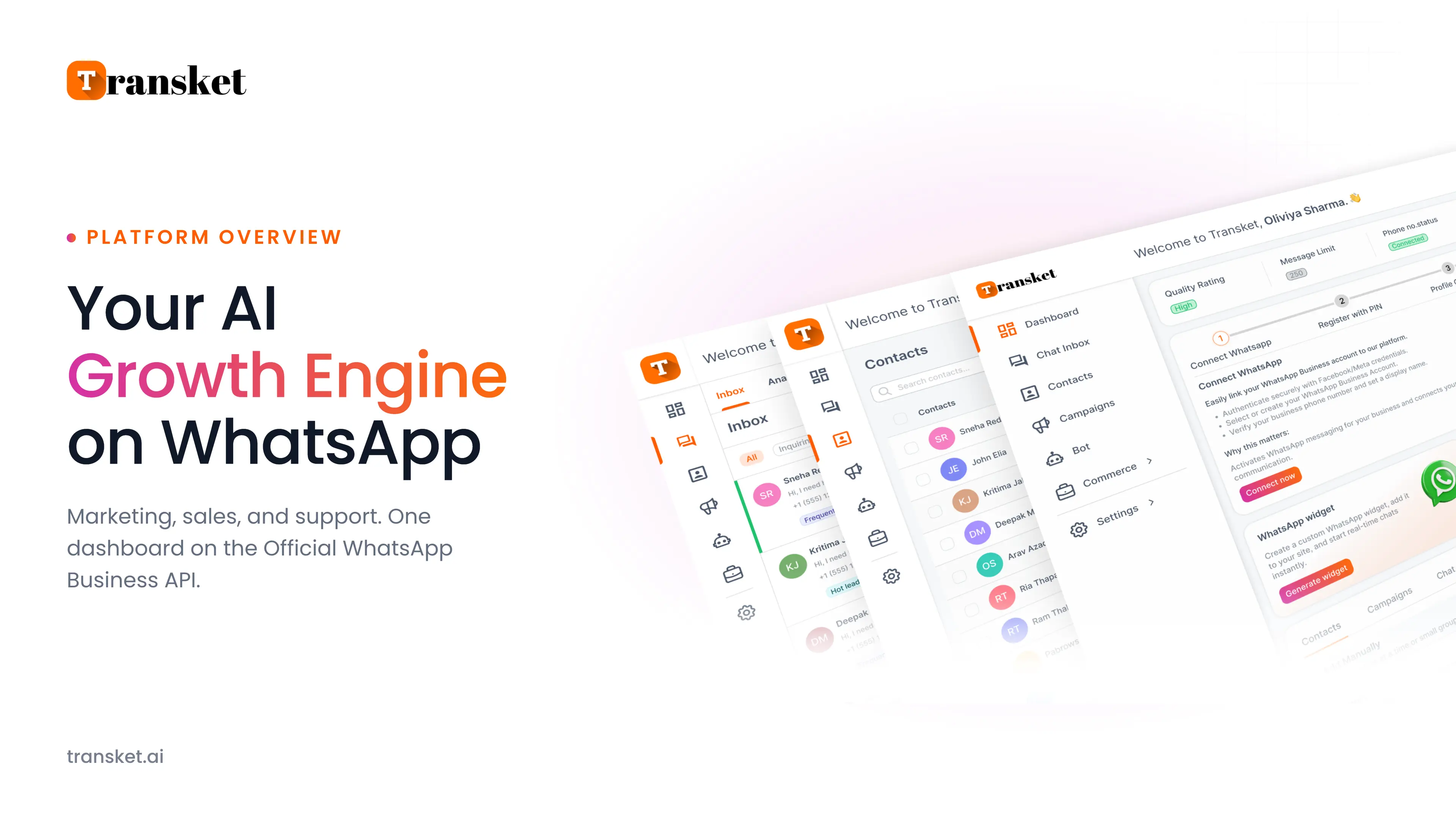 Transket AI WhatsApp platform dashboard for marketing, sales, and support on the WhatsApp Business API